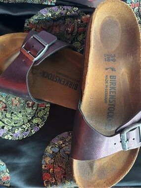 Birkenstock Madrid Single Strap Slides in Burgundy